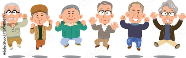 Obraz 横一列でジャンプするシニアの男性たち