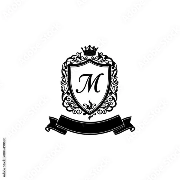 Fototapeta Monogram m crest with crown and banner isolated on transparent background