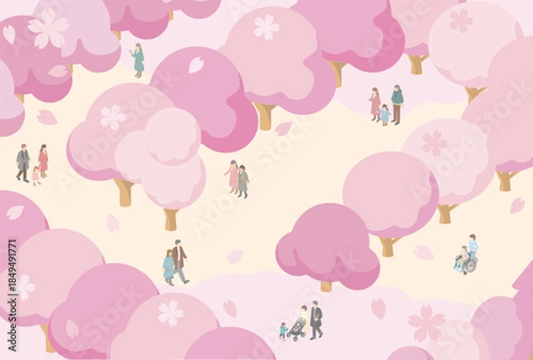 Obraz Isometric illustration of diverse people enjoying cherry blossom viewing (Hanami) in a spring park with falling sakura petals.