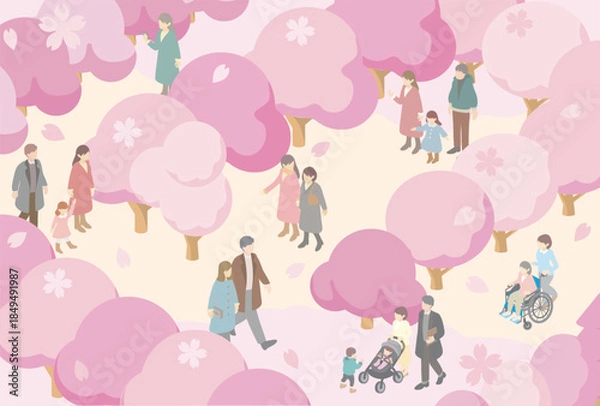 Obraz Isometric illustration of diverse people enjoying cherry blossom viewing (Hanami) in a spring park with falling sakura petals.