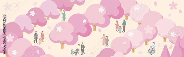 Obraz Isometric illustration of diverse people enjoying cherry blossom viewing (Hanami) in a spring park with falling sakura petals.