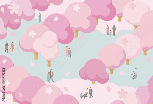 Obraz Isometric illustration of diverse people enjoying cherry blossom viewing (Hanami) in a spring park with falling sakura petals.