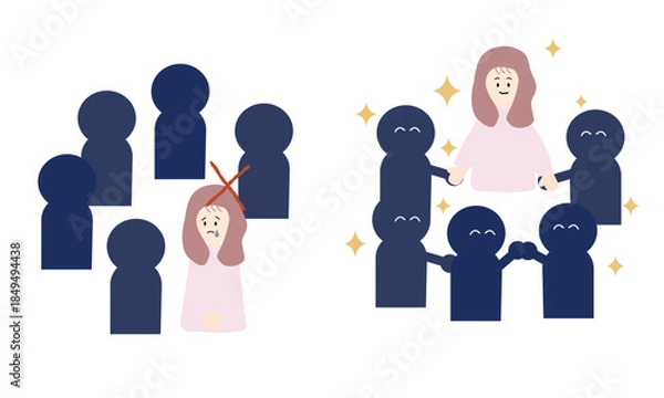 Fototapeta 社会的に孤独な女性と世界と調和する女性のイラスト