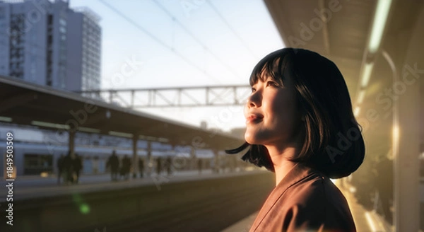 Obraz 美しい夕焼け・朝焼け　夕日・朝日に照らされた空とオフィス街が日の出の光を浴びた背景　空を見上げ上を向きリラックスした表情の女性の横顔　日本・ビジネス・転職,就職,仕事,出勤・アウトドア・リラクゼーションの背景　希望・安堵のイメージ