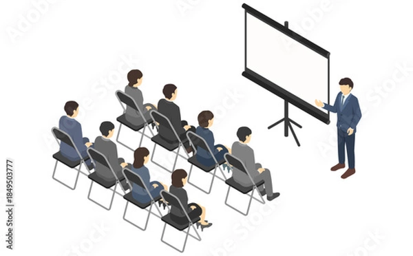 Obraz アイソメトリックイラスト：プロジェクターを使って説明するスーツ男性とそれを聞く人