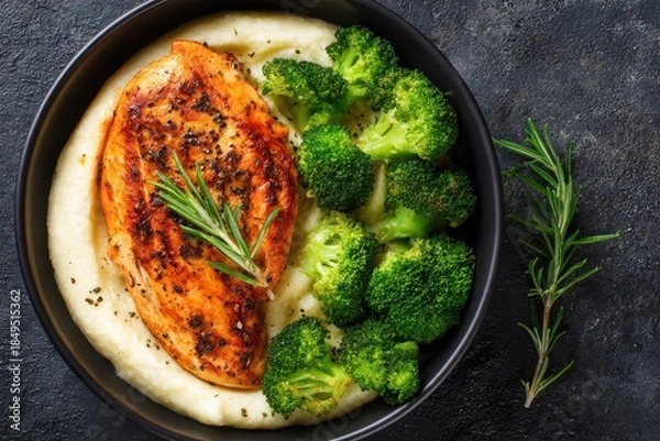 Obraz Pan Seared Chicken Breast with Broccoli and Mashed Potatoes