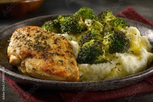 Obraz Pan Seared Chicken Breast Accompanied by Mashed Potatoes and Broccoli