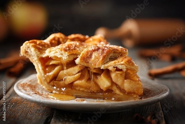 Obraz Warm baked apple pie slice with flaky crust