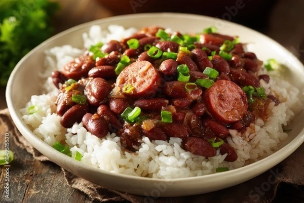 Obraz A hearty serving of slow-cooked red beans with sausage and rice