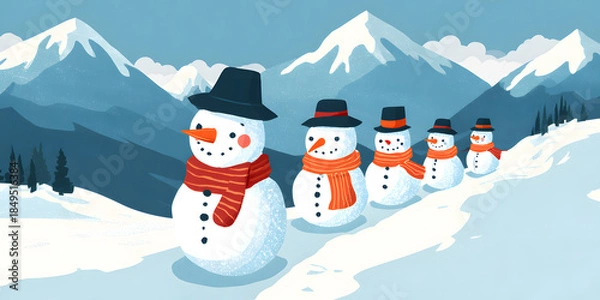 Obraz Whimsical illustration presents a line of snowmen wearing hats and scarves, marching across a snow-covered path with majestic mountains in the background, evoking a cheerful winter scene.