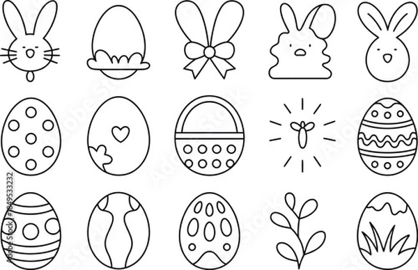 Obraz Easter eggs and bunnies set black and white line easter bunny