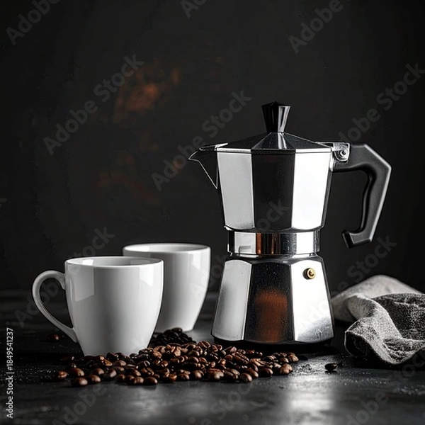 Obraz Aromatic coffee maker and cups