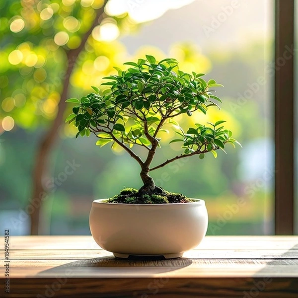 Obraz Small bonsai tree in a white pot, sunlight