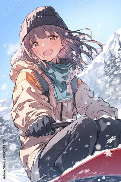 Obraz 雪山でそりを楽しむアニメ風美少女の冬イラスト
