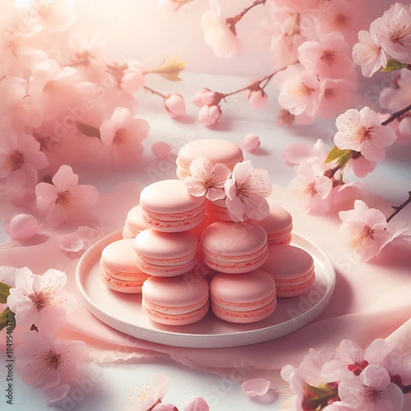 Fototapeta Pink Raspberry Macarons on White Plate
