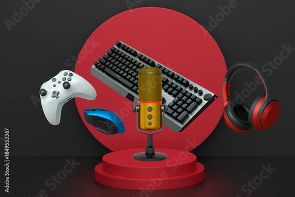 Obraz Gaming and streaming accessories including RGB keyboard, headphones, mic, mouse floating above podium
