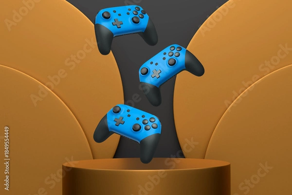 Obraz Colorful gaming controllers joystick levitating over podium against abstract background, minimalist concept device on pedestal