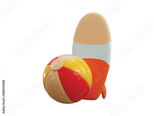 Obraz Beach Ball and Surfboard icon 3d render concept of beachball with 3d surfboard holiday ocean waves icon vector illustration