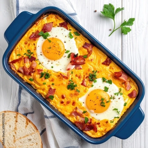 Obraz Baked egg dish with bacon in a blue pan