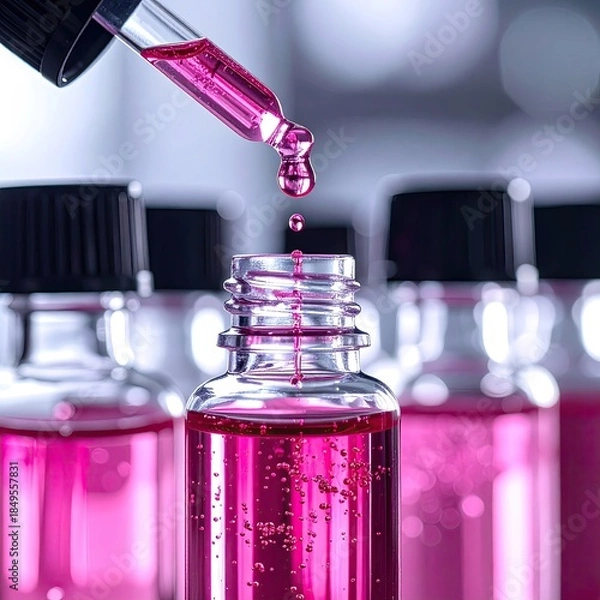 Obraz Pink liquid drips from dropper into small bottles