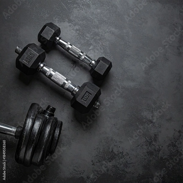 Obraz Two dumbbells and a barbell on a dark gray surface