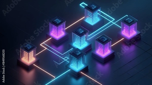 Obraz Isometric Data Servers with Glowing Connections: Digital Network Infrastructure for Computing and Data Storage