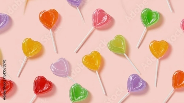 Obraz Seamless pattern of colorful heart-shaped lollipops with swirled textures on sticks, isolated on light background for festive candy-themed design