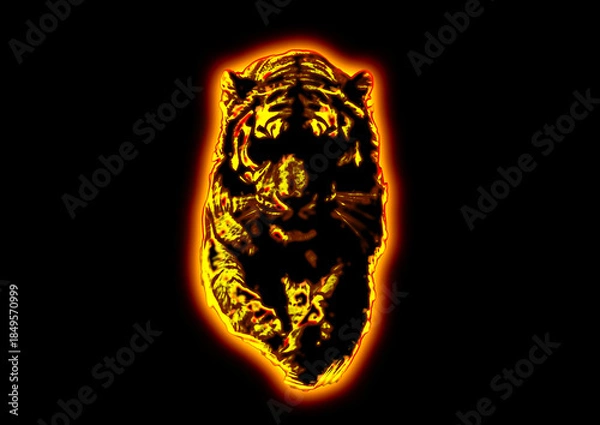 Fototapeta 暗い背景に燃える火の虎の3dイラスト。炎に包まれた虎の力強いイメージ。