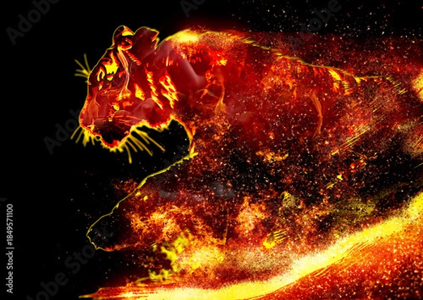 Fototapeta 暗い背景に燃える火の虎の3dイラスト。炎に包まれた虎の力強いイメージ。