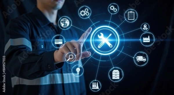 Obraz Maintenance Technician Touching Digital Interface with Tools and Process Icons on a Dark Blue Background
