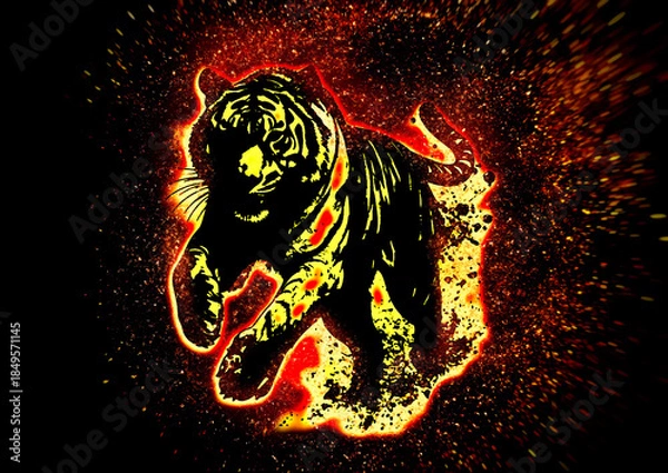 Fototapeta 暗い背景に燃える火の虎の3dイラスト。炎に包まれた虎の力強いイメージ。