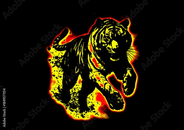 Fototapeta 暗い背景に燃える火の虎の3dイラスト。炎に包まれた虎の力強いイメージ。