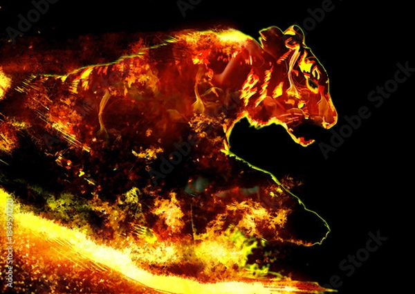 Fototapeta 暗い背景に燃える火の虎の3dイラスト。炎に包まれた虎の力強いイメージ。