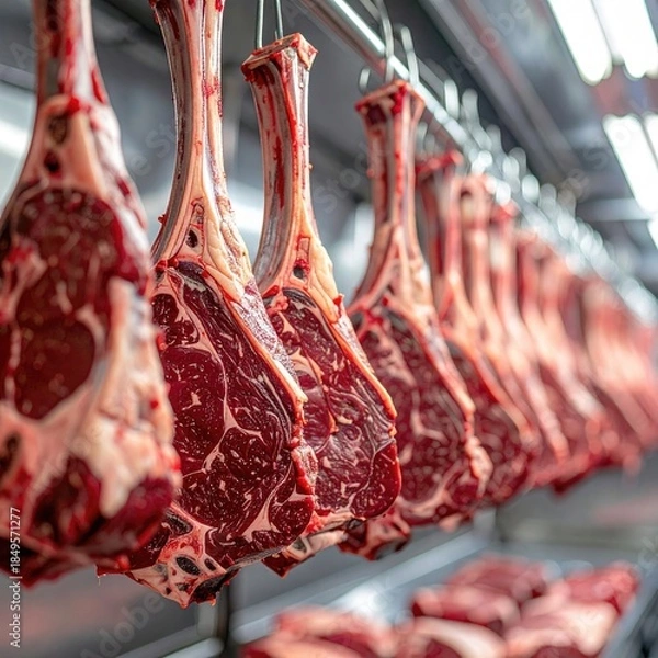 Obraz Raw beef cuts hanging, meat display