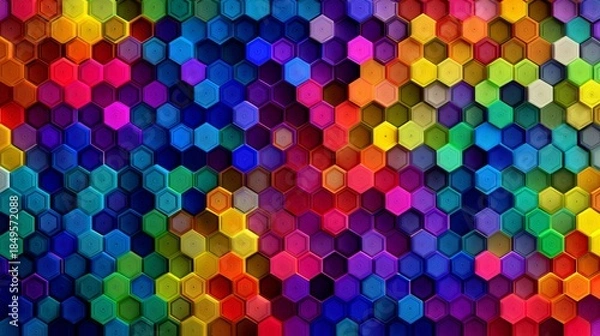 Obraz Abstract 3D Rendered Hexagonal Tile Pattern in Vibrant Rainbow Colors with Glossy Metallic Texture