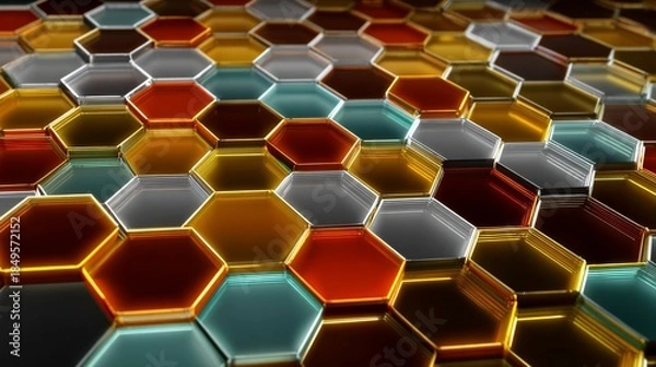 Obraz Abstract 3D Rendered Hexagonal Tile Pattern in Vibrant Rainbow Colors with Glossy Metallic Texture