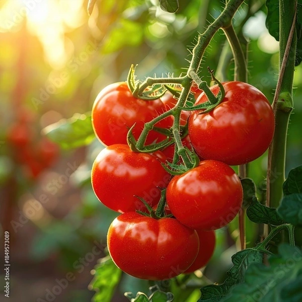 Obraz Ripe tomatoes cluster on vine, sunlight
