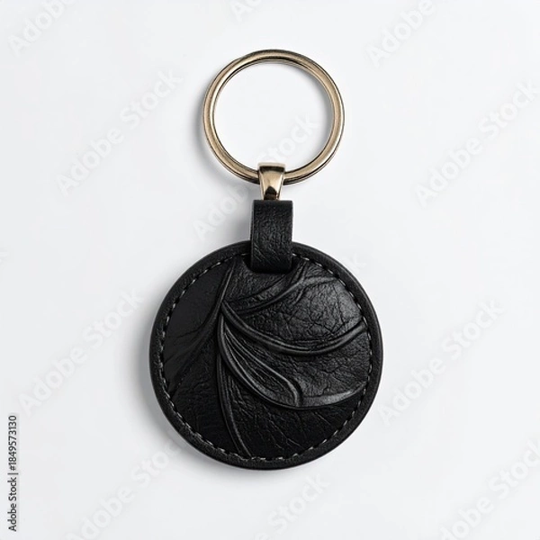 Obraz Black leather keychain with embossed leaf design.  Gold keyring