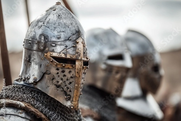 Obraz Detailed View of Historical Metal Armor and Helmets from Medieval Times