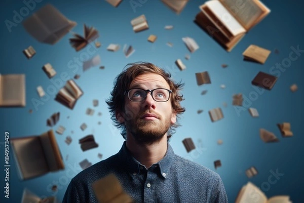 Obraz Man Surrounded by Floating Books with Thoughtful Expression and Blue Background