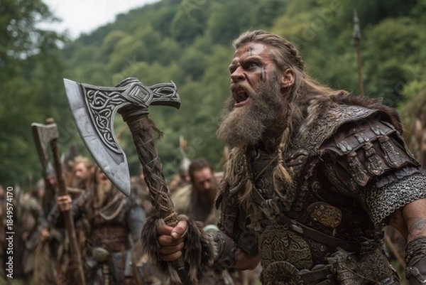 Obraz Warrior with Axe in Battle Cry Amidst Historical Reenactment Group