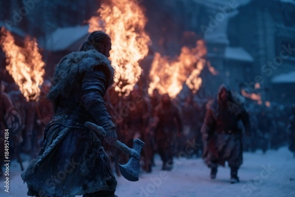 Obraz Snowy Medieval Festival with Warriors Carrying Torches and Axes at Dusk