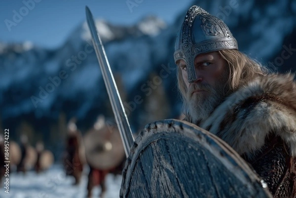 Obraz Majestic Nordic Warrior with Sword and Shield in Snowy Mountain Landscape