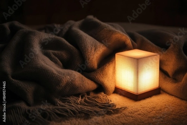 Obraz Warm Cozy Light from Fabric Draped Lantern on Soft Blanket at Night