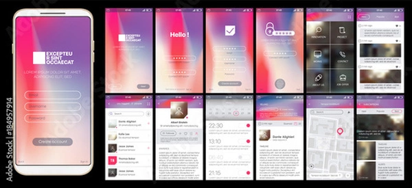 Obraz Design of mobile app, UI, UX, GUI. Set of user registration screens, account sign in, sign up, home page, news search, concept chat Messenger and settings