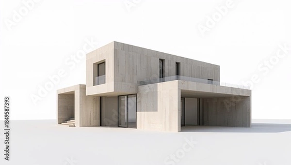 Fototapeta Modern concrete house with minimalist design and large windows outside