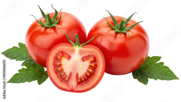 Obraz Three tomatoes, one halved, isolated on transparent background