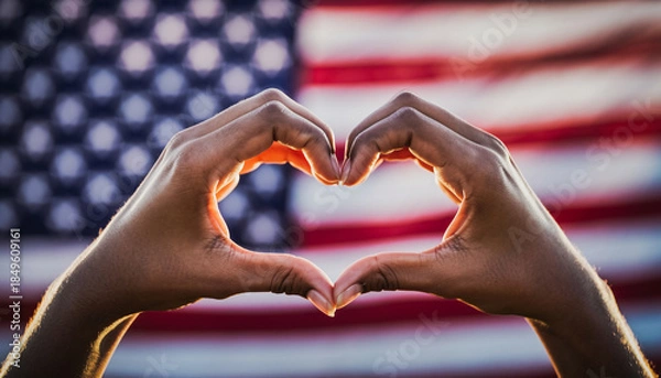 Obraz Hands form a heart in front of the American flag. Symbol of pride in the American homeland