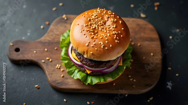 Fototapeta Overhead view gourmet beef burger with fresh vegetables on wooden board dark background