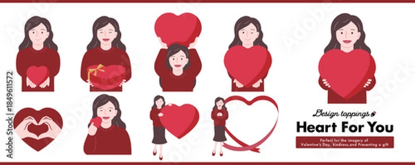 Obraz ハートと微笑む女性の人物：バレンタインデーや母の日に愛のハートギフトを渡すイラスト